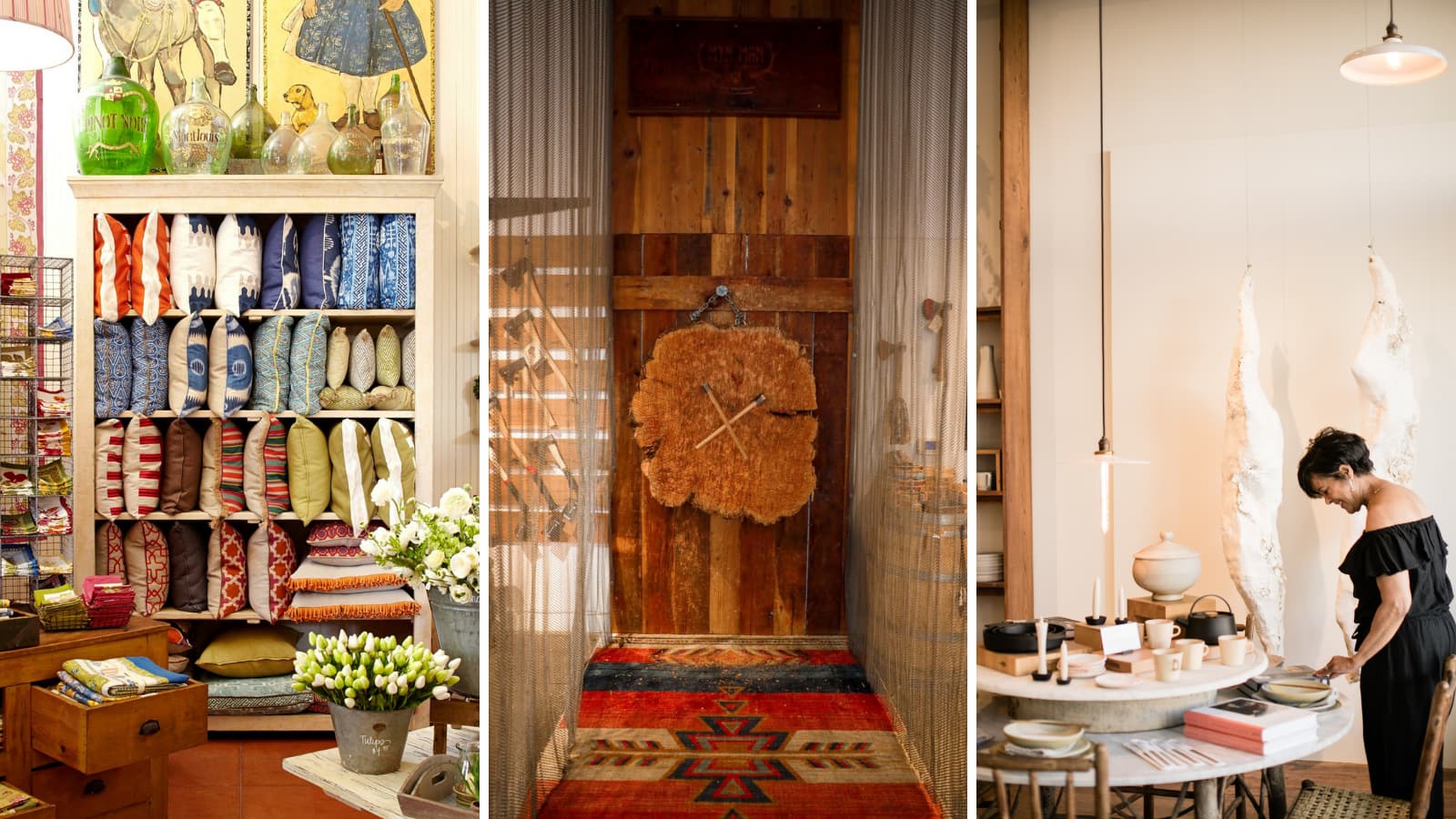 Three interior design scenes with home decor and furnishings.