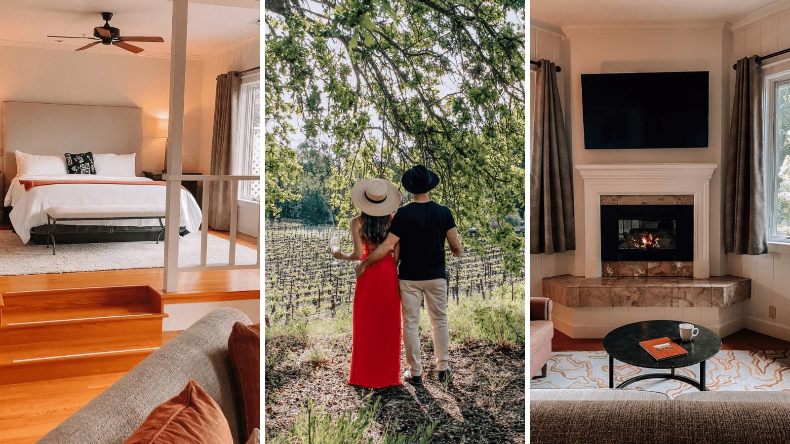 Cozy bedroom, couple in vineyard, fireplace in living room