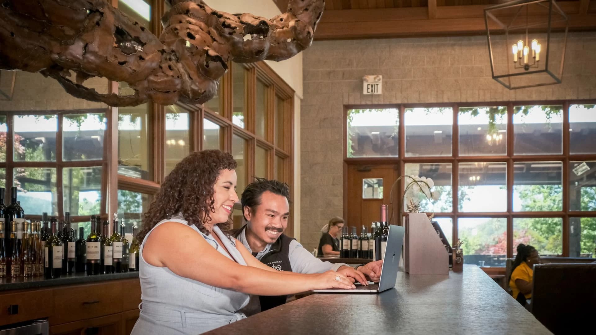 Couple using laptop at wine tasting bar