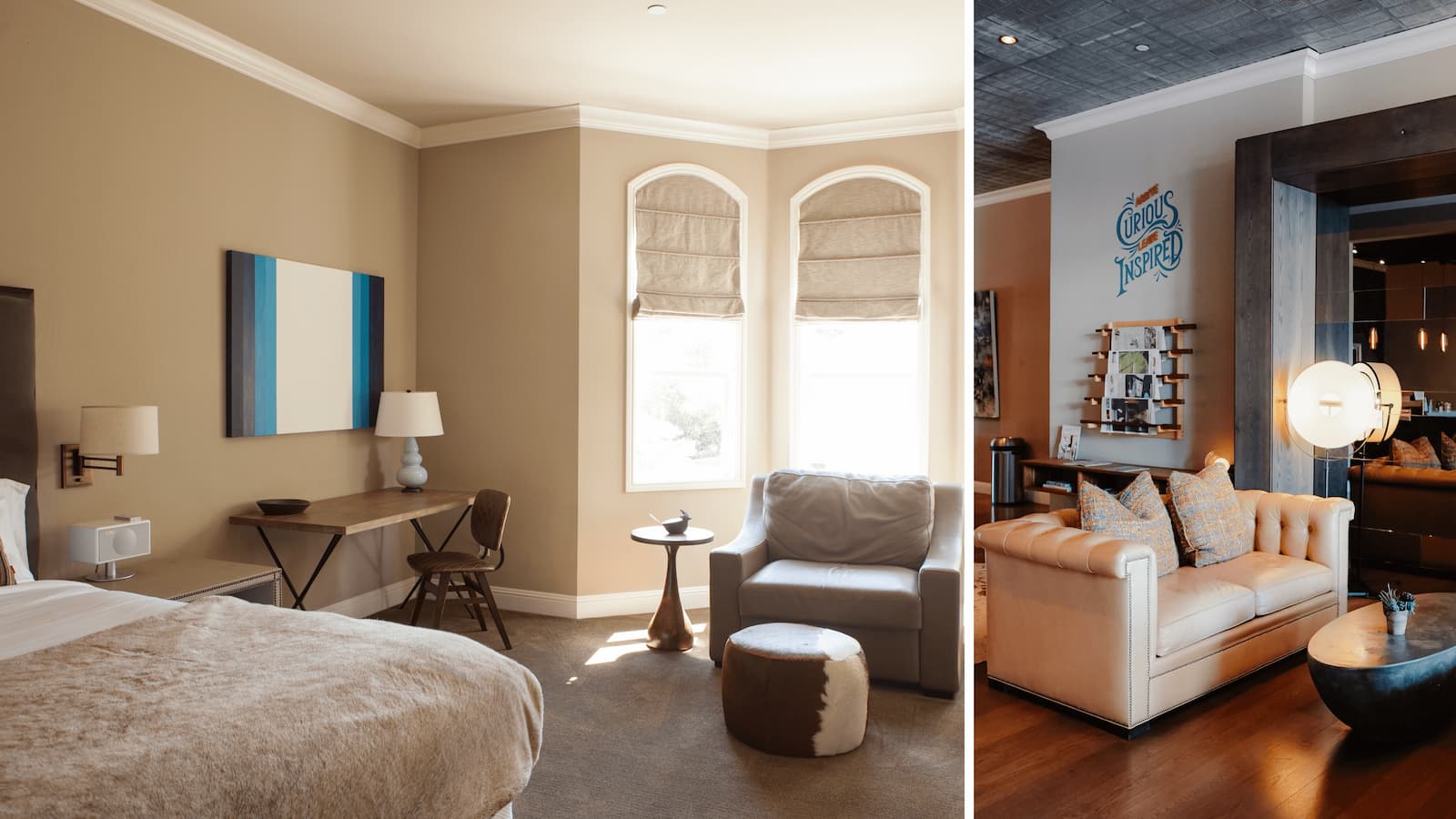 Cozy bedroom and modern living room interiors.