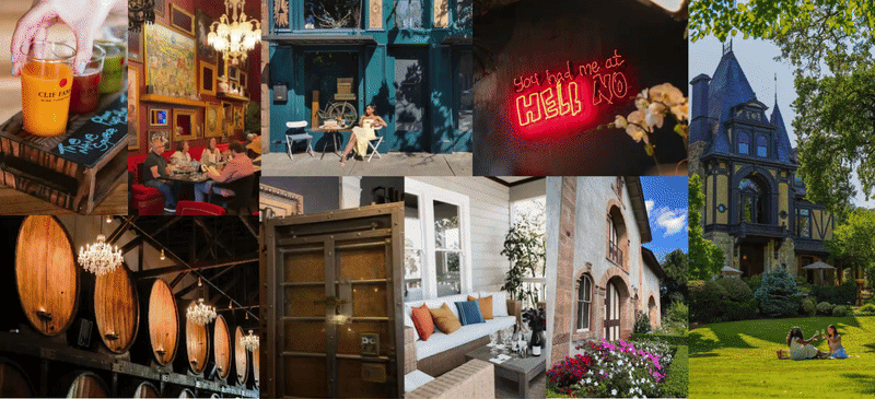 Collage of winery, cafe, and historic venues