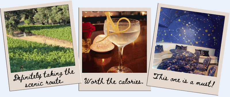 Travel collage featuring vineyard, cocktail, and starry hotel room.
